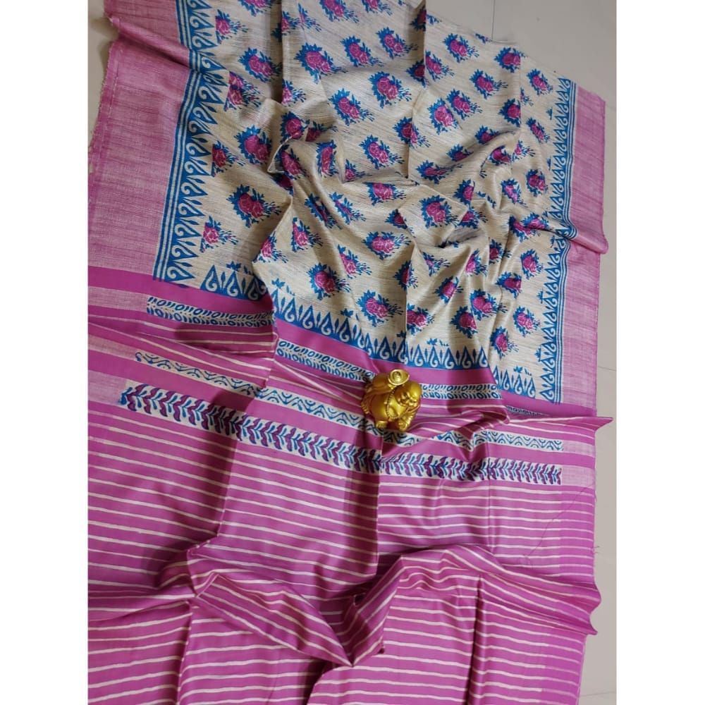 Silkmark Certified Tussar Silk Handloom Handblock Printed Pink Saree with Blouse-8576