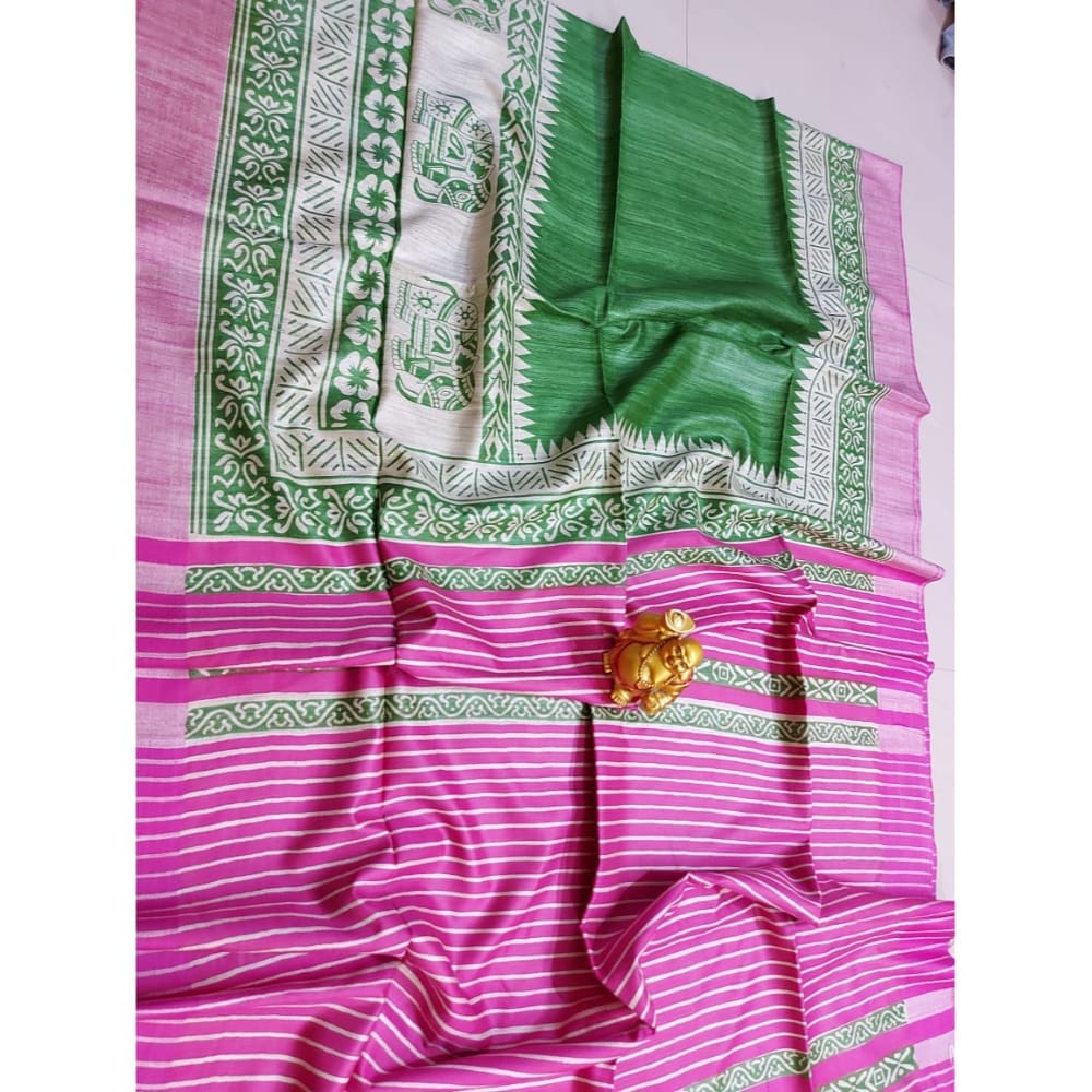 Silkmark Certified Tussar Silk Handloom Handblock Printed Green and Pink Saree with Blouse-1400