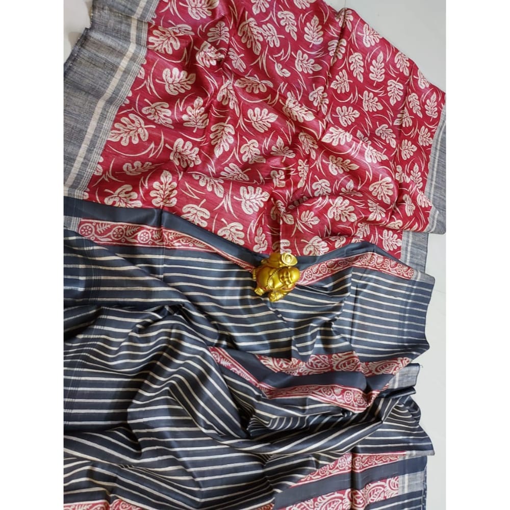 Silkmark Certified Tussar Silk Handloom Handblock Printed Red and Black Saree with Blouse-1649