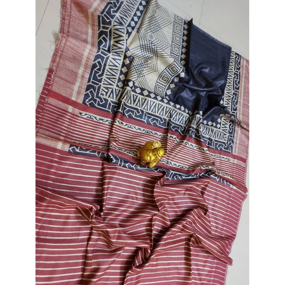 Silkmark Certified Tussar Silk Handloom Handblock Printed Blue and Maroon Saree with Blouse-6865