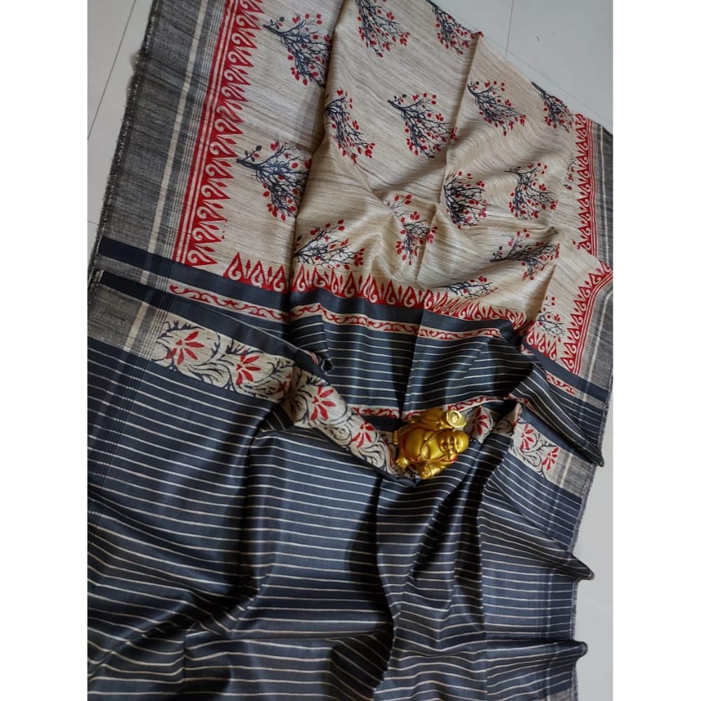 Silkmark Certified Tussar Silk Handloom Handblock Printed Black Saree with Blouse-7443