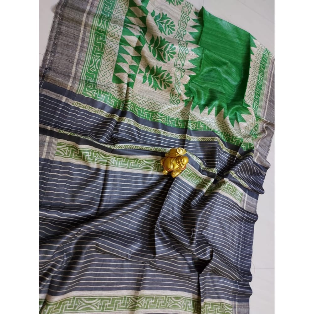 Silkmark Certified Tussar Silk Handloom Handblock Printed Green and Blue Saree with Blouse-6766