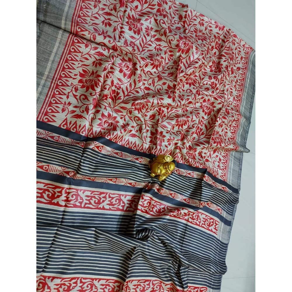 Silkmark Certified Tussar Silk Handloom Handblock Printed Red and Blue Saree with Blouse-2018