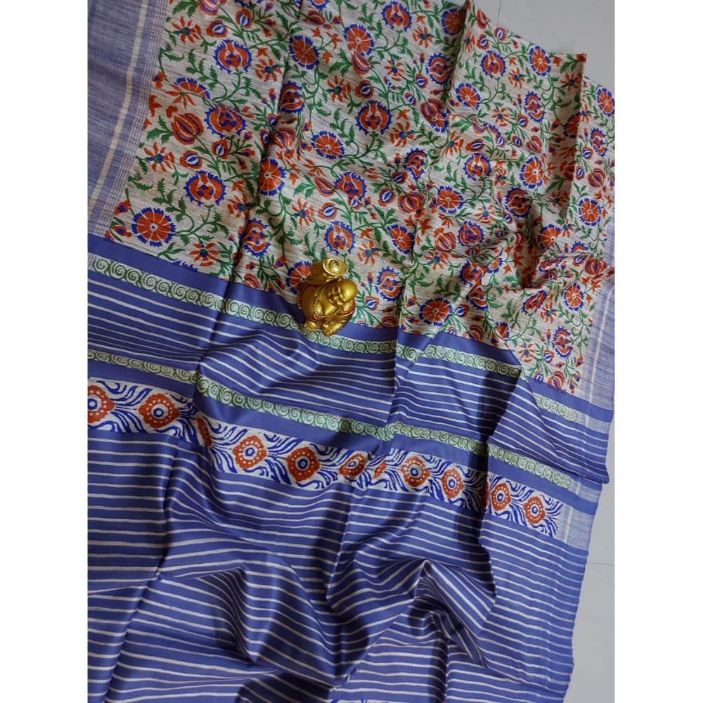Silkmark Certified Tussar Silk Handloom Handblock Printed Purple Saree with Blouse-7056