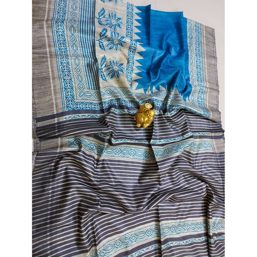 Silkmark Certified Tussar Silk Handloom Handblock Printed Blue and Black Saree with Blouse-1804
