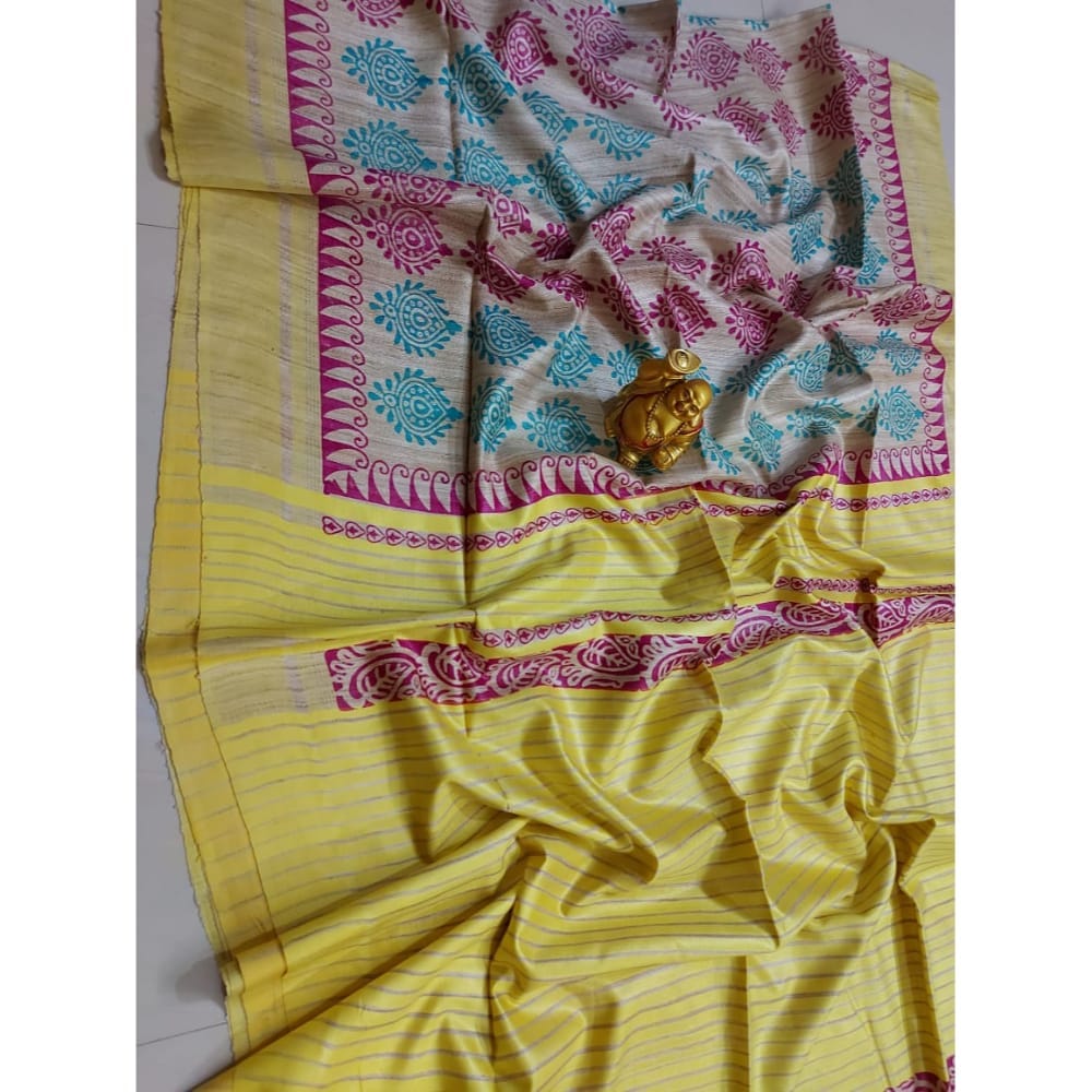Silkmark Certified Tussar Silk Handloom Handblock Printed Yellow Saree with Blouse-4970