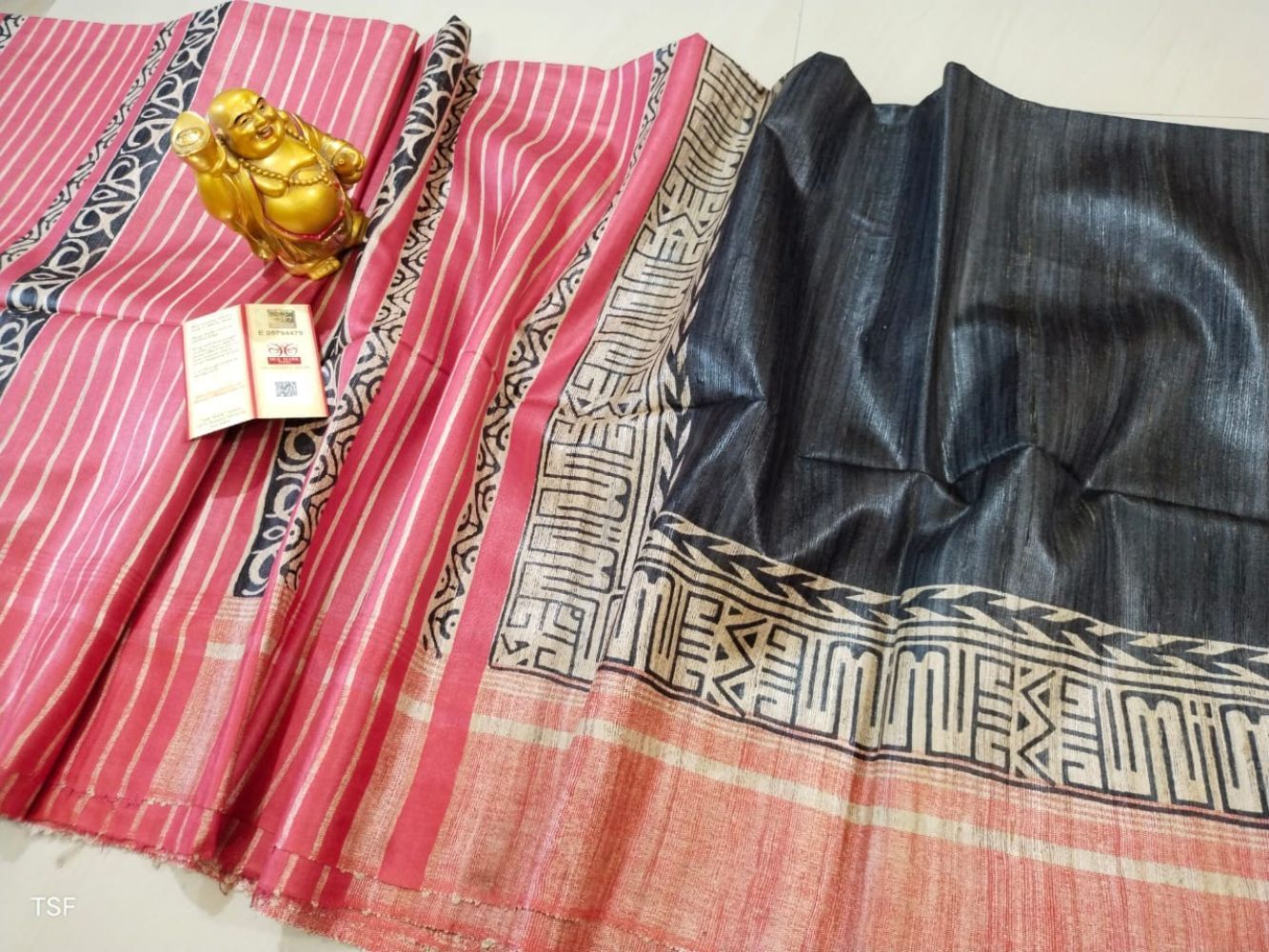Silkmark Certified Tussar Silk Handloom Handblock Printed Blue and Pink Saree with Blouse-8215