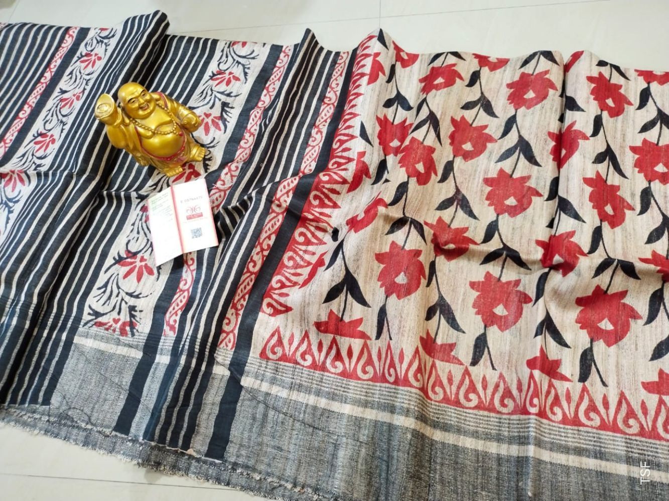 Silkmark Certified Tussar Silk Handloom Handblock Printed Red and Black Saree with Blouse-1723