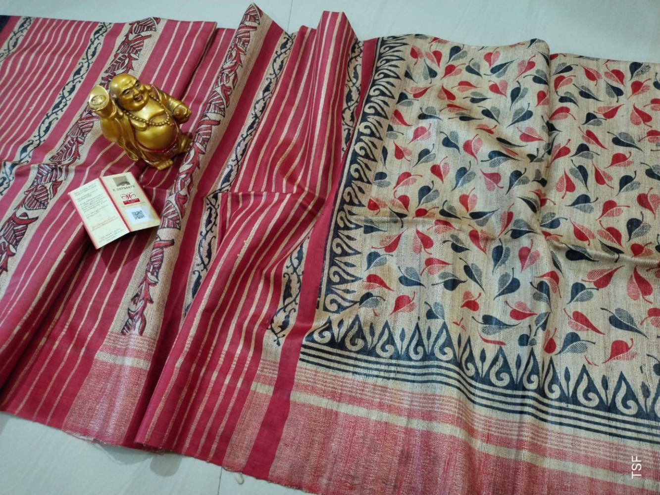 Silkmark Certified Tussar Silk Handloom Handblock Printed Red Saree with Blouse-2369