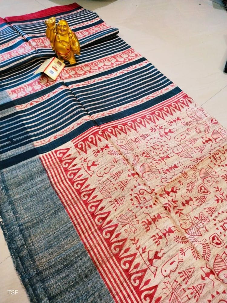 Silkmark Certified Tussar Silk Handloom Handblock Printed Red Saree with Blouse-5561