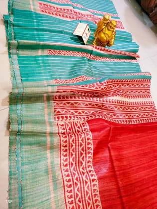 Silkmark Certified Tussar Silk Handloom Handblock Printed Red and Blue Saree with Blouse-9061 Silkmark Certified Tussar Silk Handloom Handblock Printed Red and Blue Saree with Blouse-9061