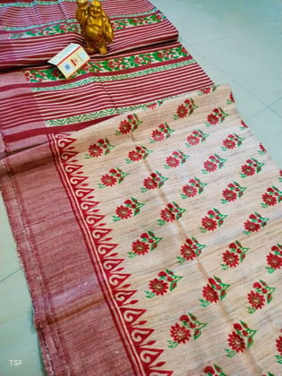 Silkmark Certified Tussar Silk Handloom Handblock Printed Red Saree with Blouse-5271 Silkmark Certified Tussar Silk Handloom Handblock Printed Red Saree with Blouse-5271