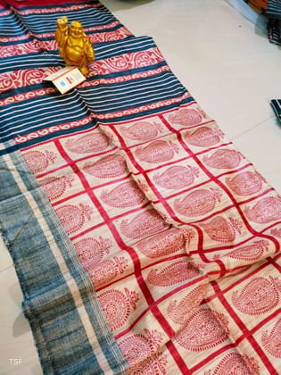 Silkmark Certified Tussar Silk Handloom Handblock Printed Red and Blue Saree with Blouse-7331 Silkmark Certified Tussar Silk Handloom Handblock Printed Red and Blue Saree with Blouse-7331