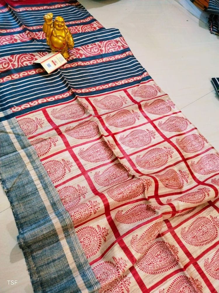 Silkmark Certified Tussar Silk Handloom Handblock Printed Red and Blue Saree with Blouse-7331