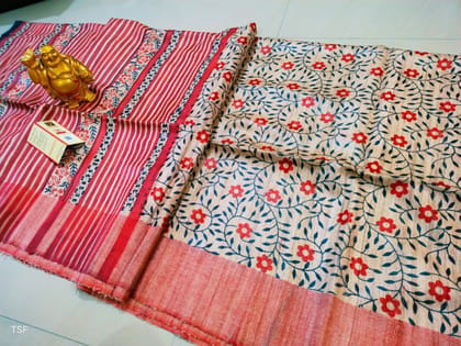 Silkmark Certified Tussar Silk Handloom Handblock Printed Red Saree with Blouse-5025 Silkmark Certified Tussar Silk Handloom Handblock Printed Red Saree with Blouse-5025
