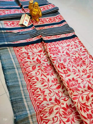 Silkmark Certified Tussar Silk Handloom Handblock Printed Red and Blue Saree with Blouse-1808 Silkmark Certified Tussar Silk Handloom Handblock Printed Red and Blue Saree with Blouse-1808