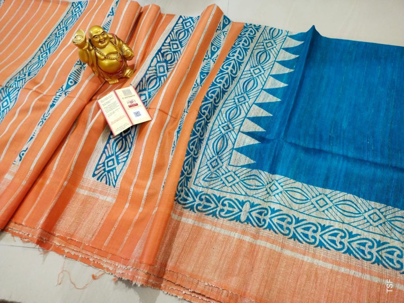 Silkmark Certified Tussar Silk Handloom Handblock Printed Blue and Orange Saree with Blouse-5918