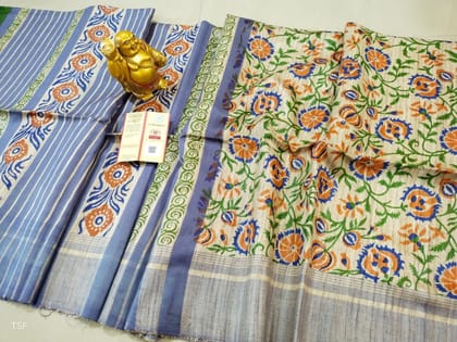 Silkmark Certified Tussar Silk Handloom Handblock Printed Green and Purple Saree with Blouse-7703 Silkmark Certified Tussar Silk Handloom Handblock Printed Green and Purple Saree with Blouse-7703