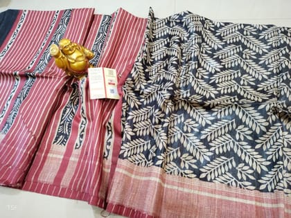 Silkmark Certified Tussar Silk Handloom Handblock Printed Black and Maroon Saree with Blouse-3673 Silkmark Certified Tussar Silk Handloom Handblock Printed Black and Maroon Saree with Blouse-3673