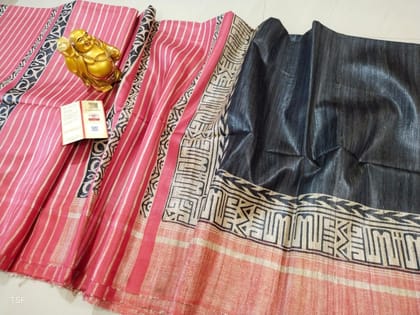 Silkmark Certified Tussar Silk Handloom Handblock Printed Black and Pink Saree with Blouse-5727 Silkmark Certified Tussar Silk Handloom Handblock Printed Black and Pink Saree with Blouse-5727