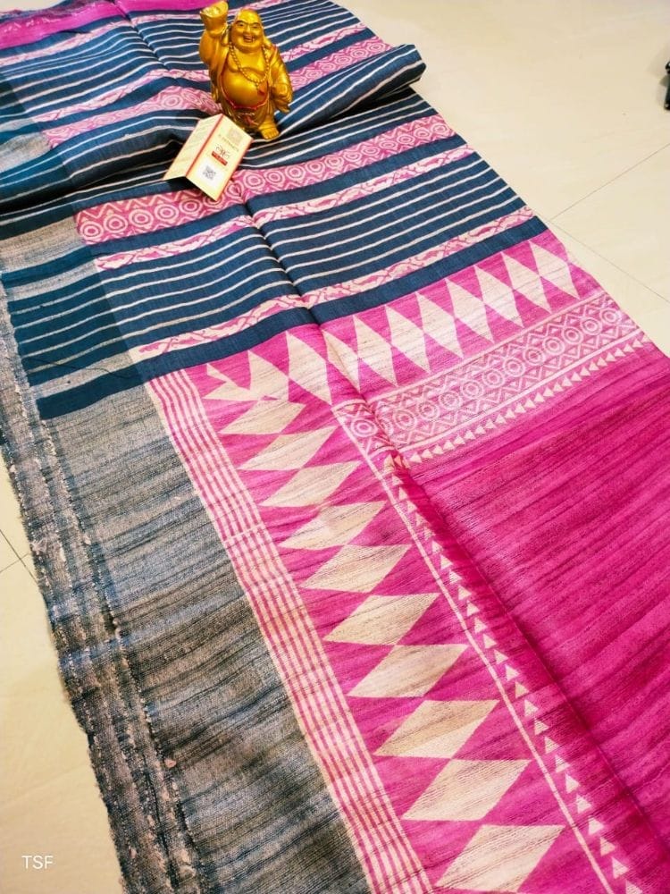 Silkmark Certified Tussar Silk Handloom Handblock Printed Pink and Blue Saree with Blouse-7036