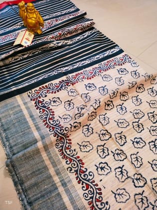 Silkmark Certified Tussar Silk Handloom Handblock Printed Black Saree with Blouse-7410 Silkmark Certified Tussar Silk Handloom Handblock Printed Black Saree with Blouse-7410
