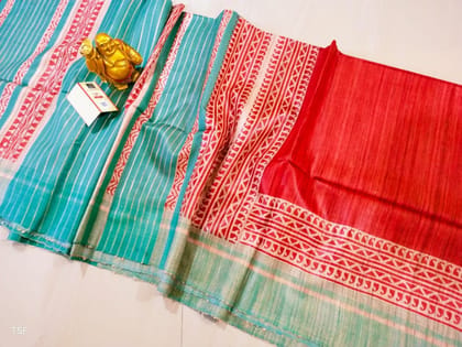 Silkmark Certified Tussar Silk Handloom Handblock Printed Red and Blue Saree with Blouse-2817 Silkmark Certified Tussar Silk Handloom Handblock Printed Red and Blue Saree with Blouse-2817
