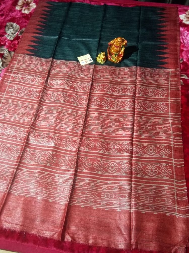 Silkmark Certified Tussar Silk Handloom Handblock Printed Red and Black Saree with Blouse-4577