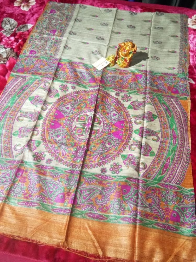 Silkmark Certified Tussar Silk Handloom Handblock Printed Saree with Blouse-4345