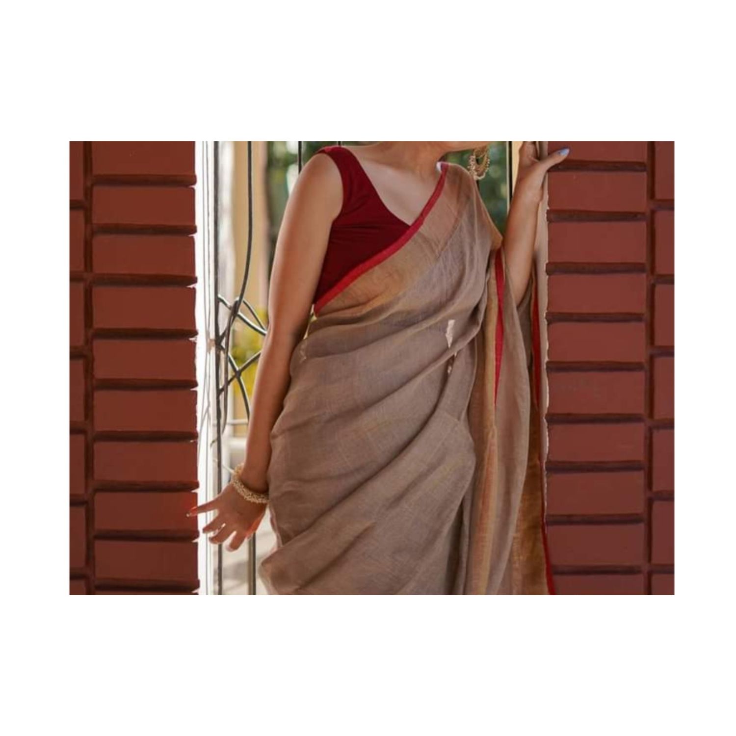 Handwoven Pure Linen Brown Saree with Blouse-3114