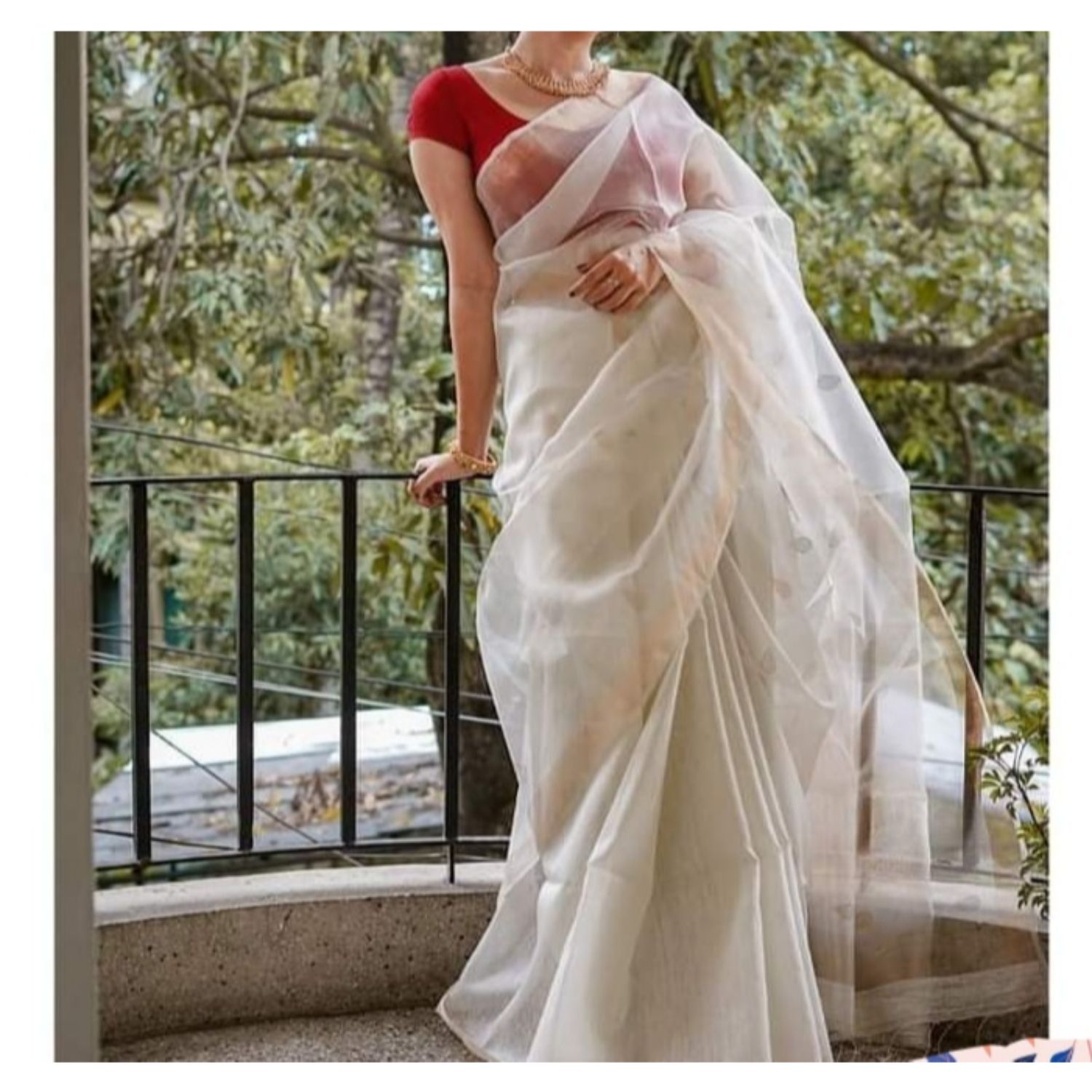Silk Linen Handloom White Saree with Blouse Buta weaving and running blouse-4272