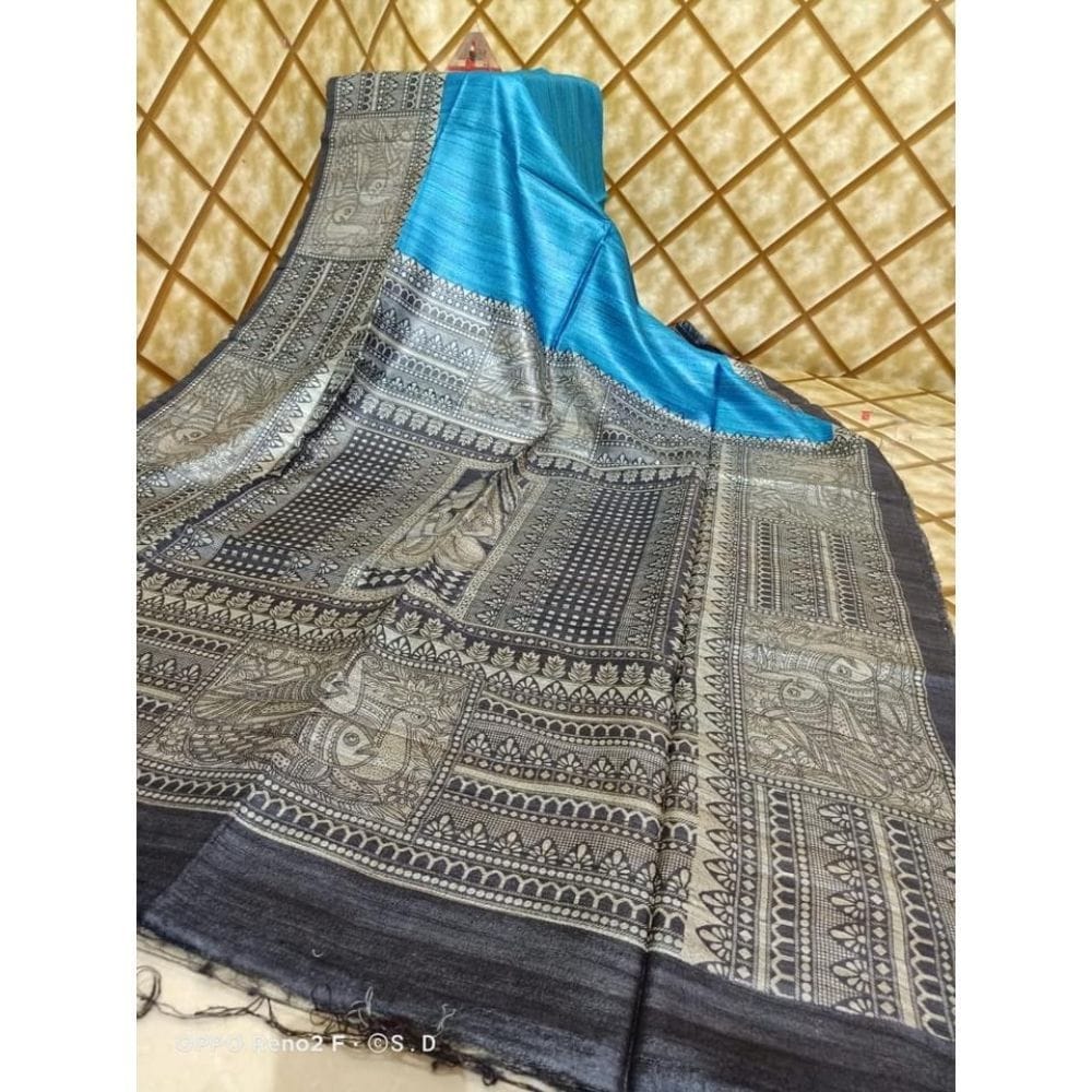 Silkmark Certified Tussar Silk Handloom Handblock Printed Blue Saree with Blouse-8627