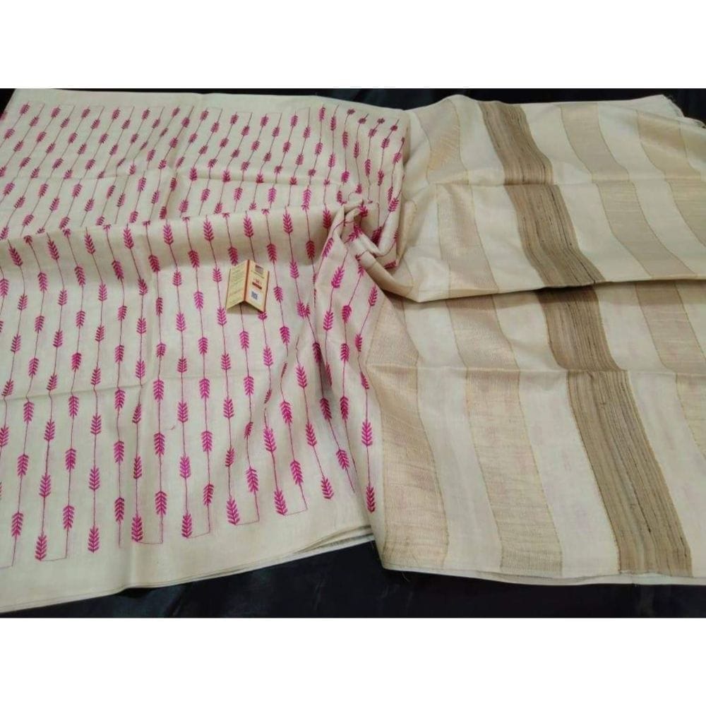 Silkmark Certified Eri Silk Embroidered Cream Saree with Running Blouse-5931