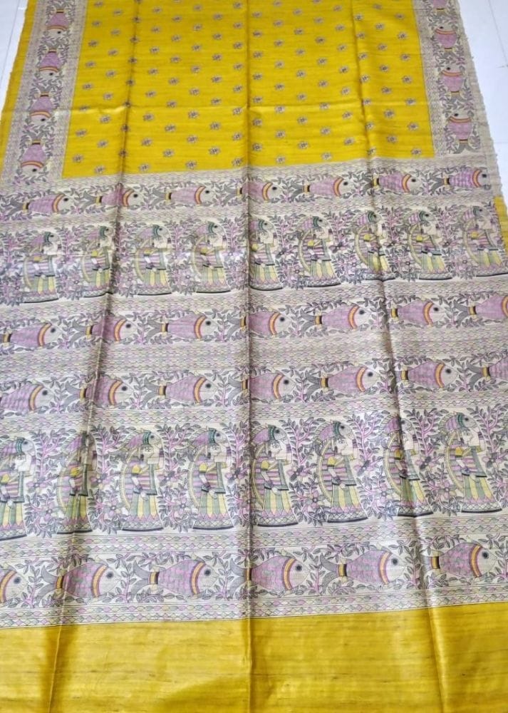 Silkmark Certified Tussar Silk Handloom Handblock Printed Yellow Saree with Blouse-5159