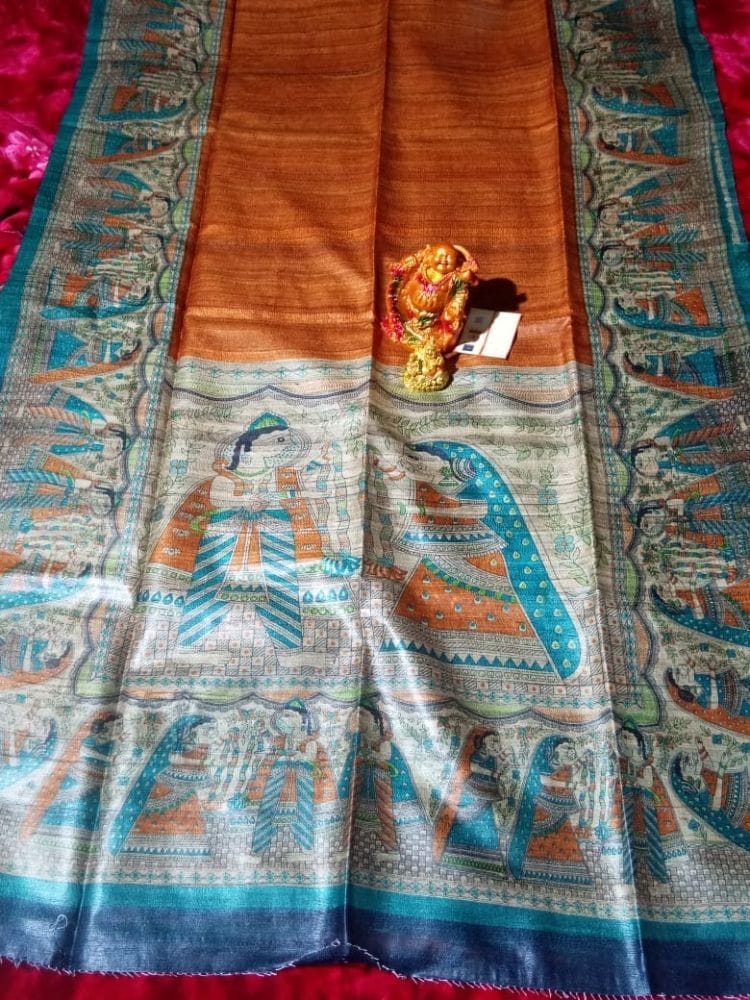 Silkmark Certified Tussar Silk Handloom Handblock Printed Orange Saree with Blouse-8476