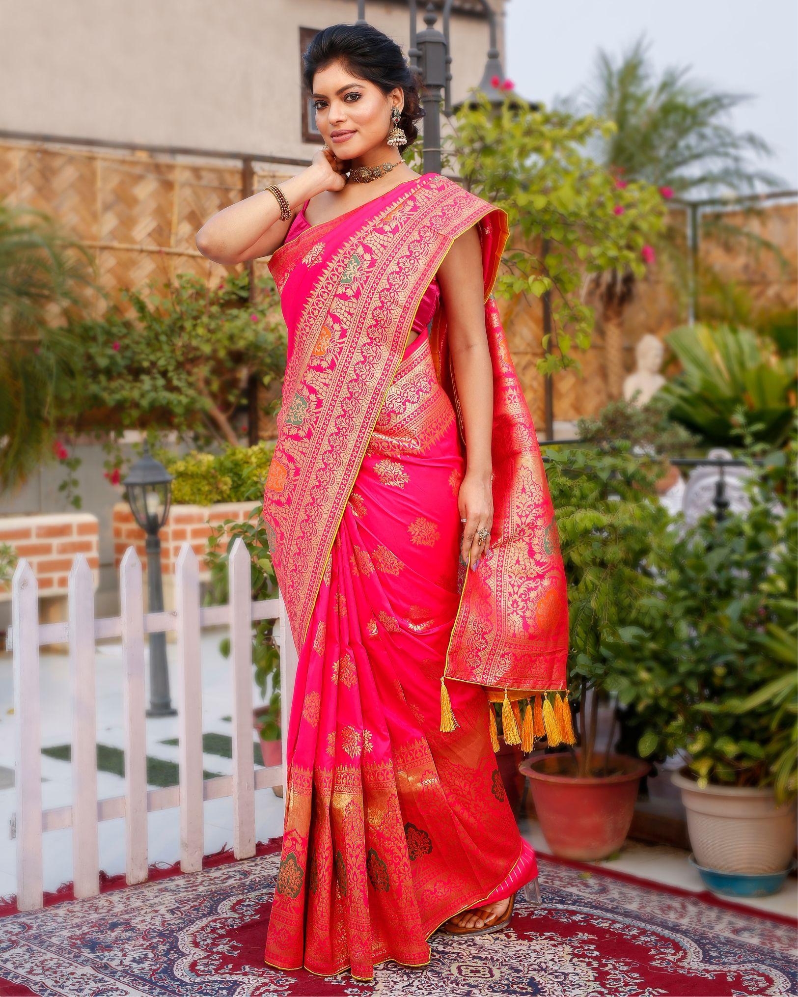 Banarasi Silk Saree Dark Pink Color with contrast pallu and blouse-7949