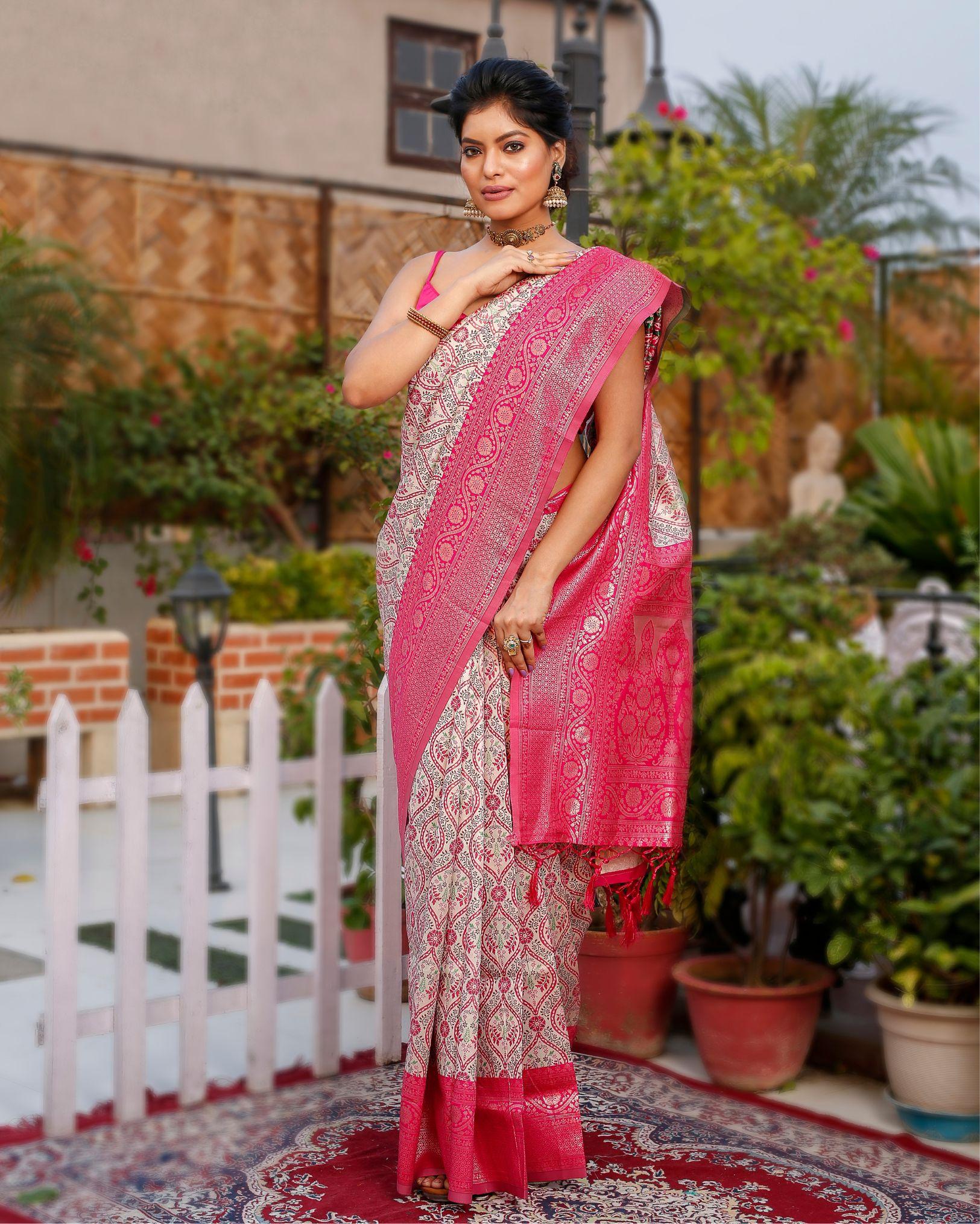 Banarasi Silk Saree Light Beige & Pink Color with contrast pallu and blouse-8729