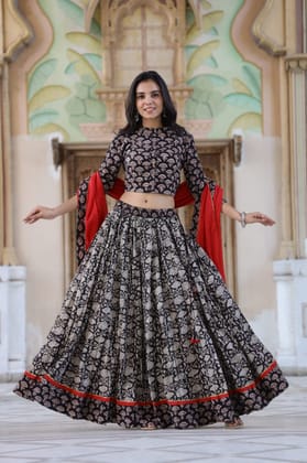 Cotton Lehanga Handblock Printed Eerie Black Color and Top With Mulmul Dupatta (Size 34-46)-8020