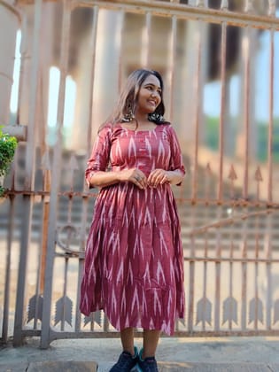 Pure Cotton Ikkat Dress Reddish Brown Color (Size XXS(32) to Plus Size(56))-5091 Pure Cotton Ikkat Dress Reddish Brown Color (Size XXS(32) to Plus Size(56))-5091