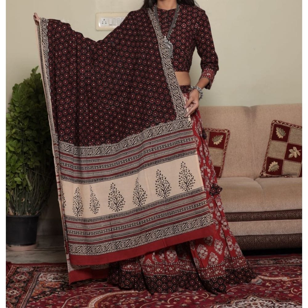 Handblock Printed Cotton Red and Brown Lehanga And Top With Mulmul Dupatta (Size 34-46)-7962