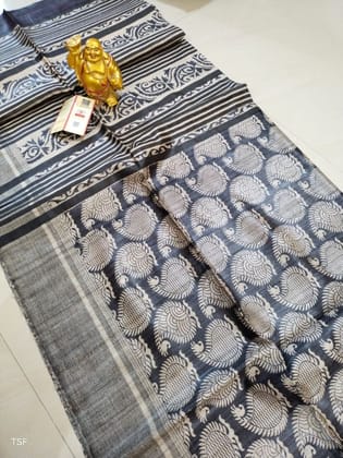 Silkmark Certified Tussar Silk Handloom Handblock Printed Black Saree with Blouse-3092 Silkmark Certified Tussar Silk Handloom Handblock Printed Black Saree with Blouse-3092