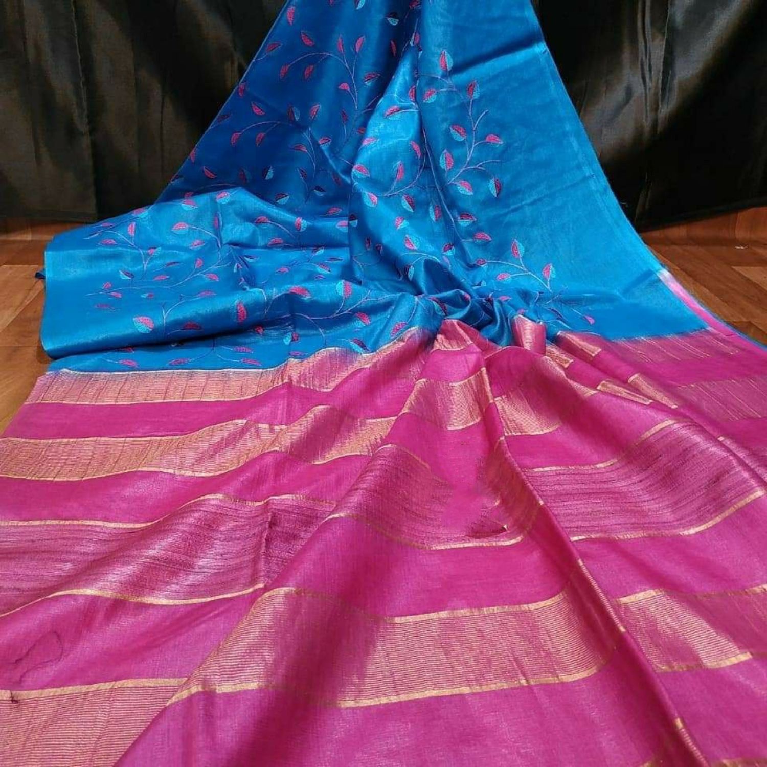 Silkmark Certified Eri Silk Digital Embroidered Blue Saree with Running Blouse-3794