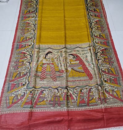 Silkmark Certified Tussar Silk Handloom Handblock Printed Mustard Yellow Saree with Blouse-2963 Silkmark Certified Tussar Silk Handloom Handblock Printed Mustard Yellow Saree with Blouse-2963