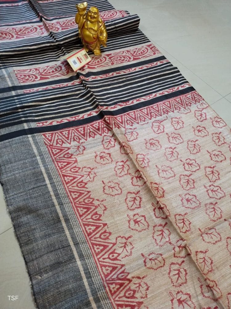 Silkmark Certified Tussar Silk Handloom Handblock Printed Maroon and Black Saree with Blouse-6398