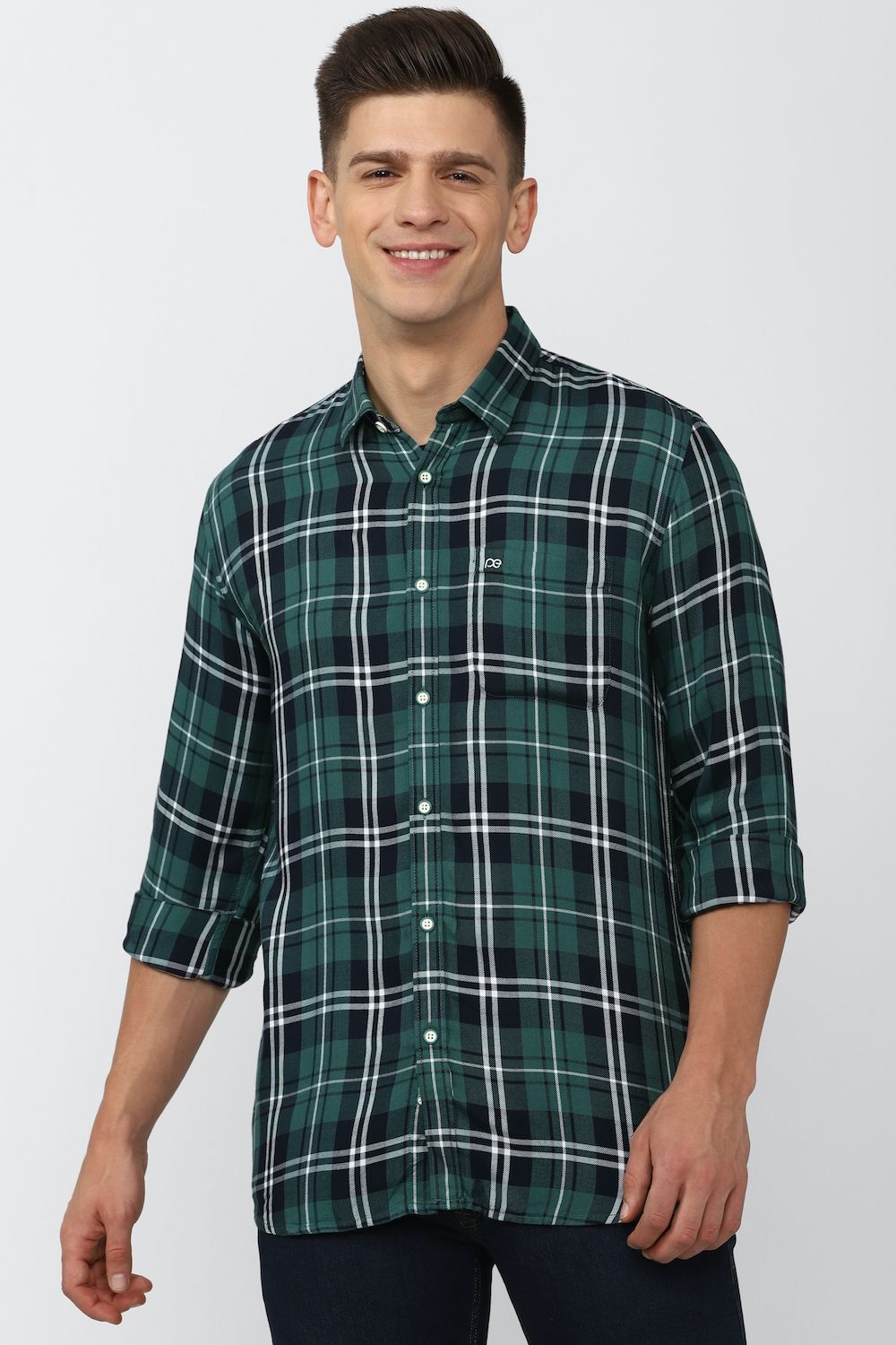 Men Green Slim Fit Check Full Sleeves Casual Shirt