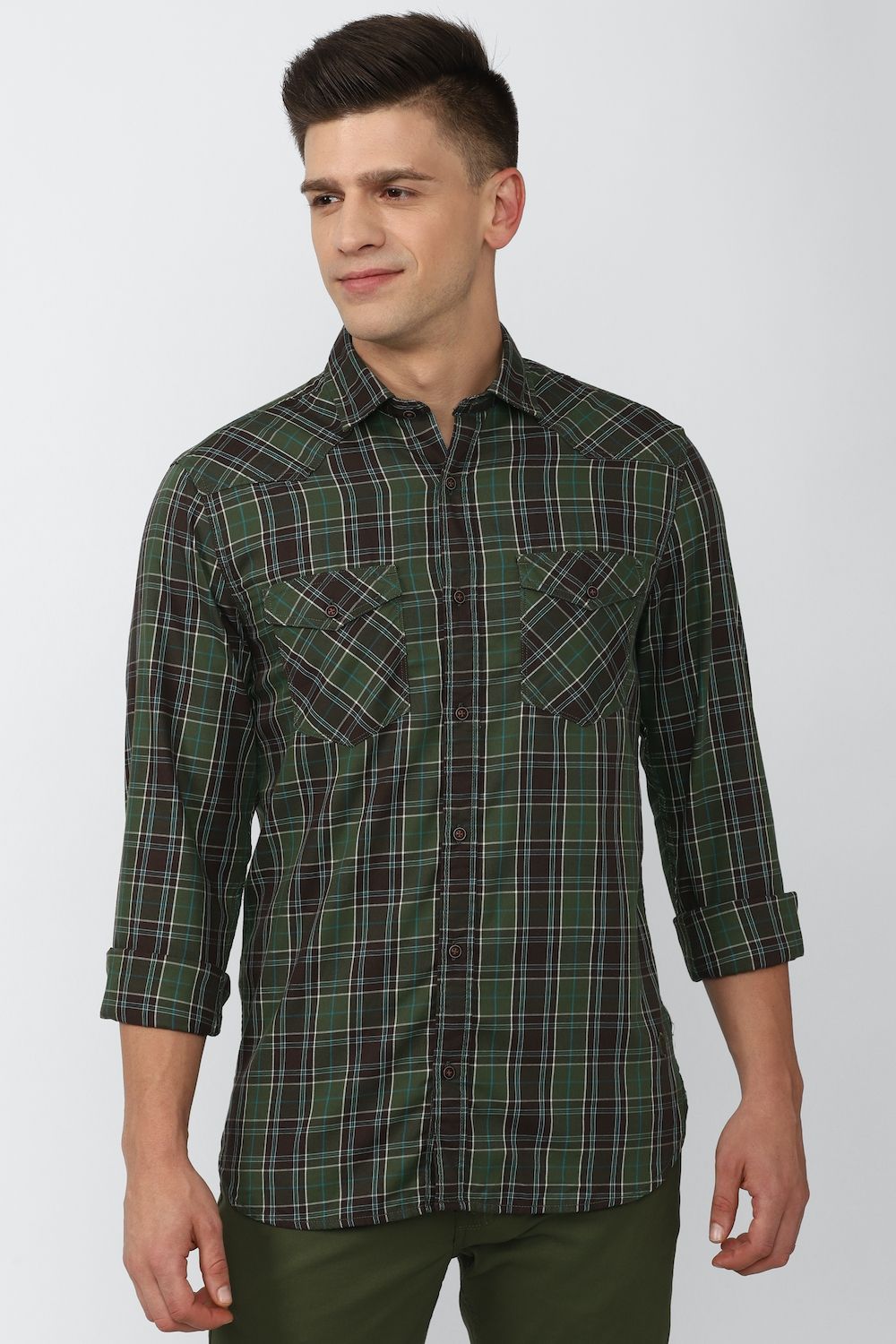 Men Olive Super Slim Fit Check Full Sleeves Casual Shirt