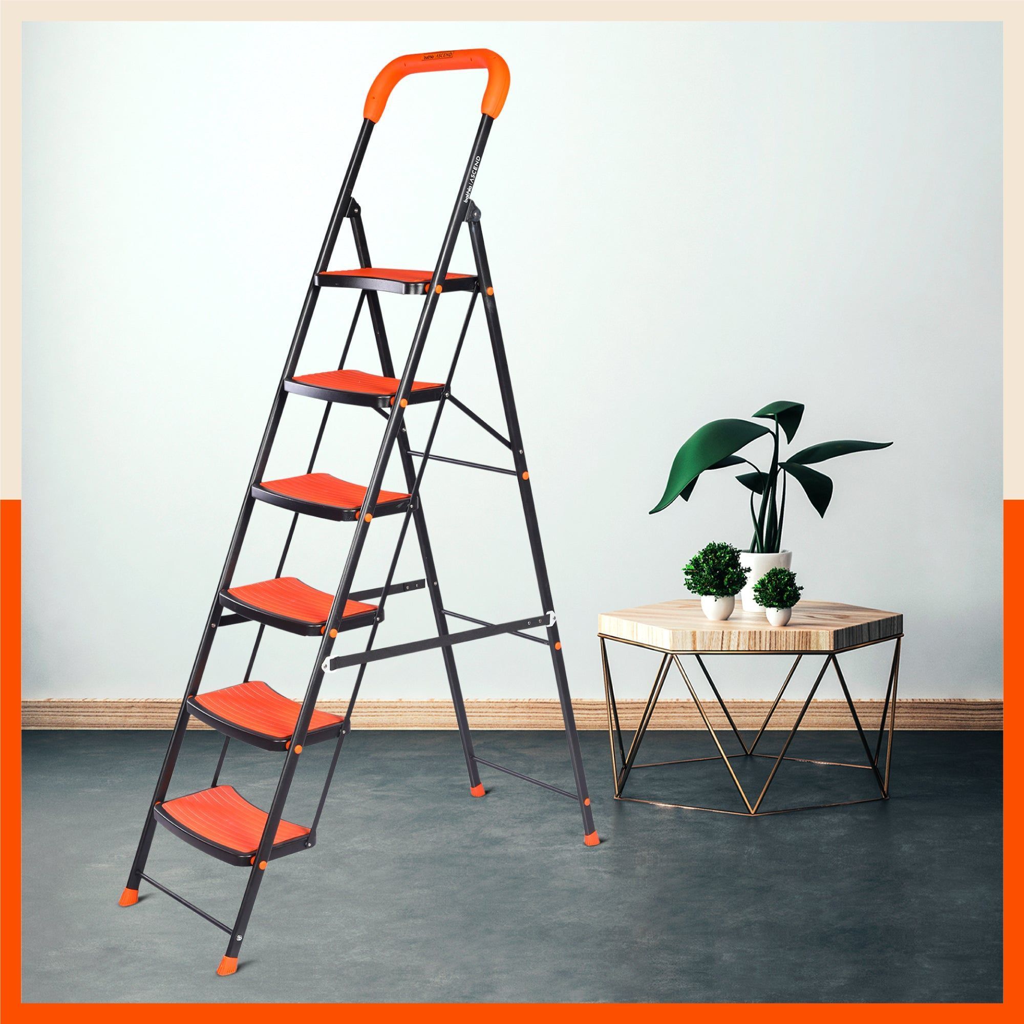 Bathla Ascend 6 Step Heavy Duty Steel Ladder for Home - Orange & Black