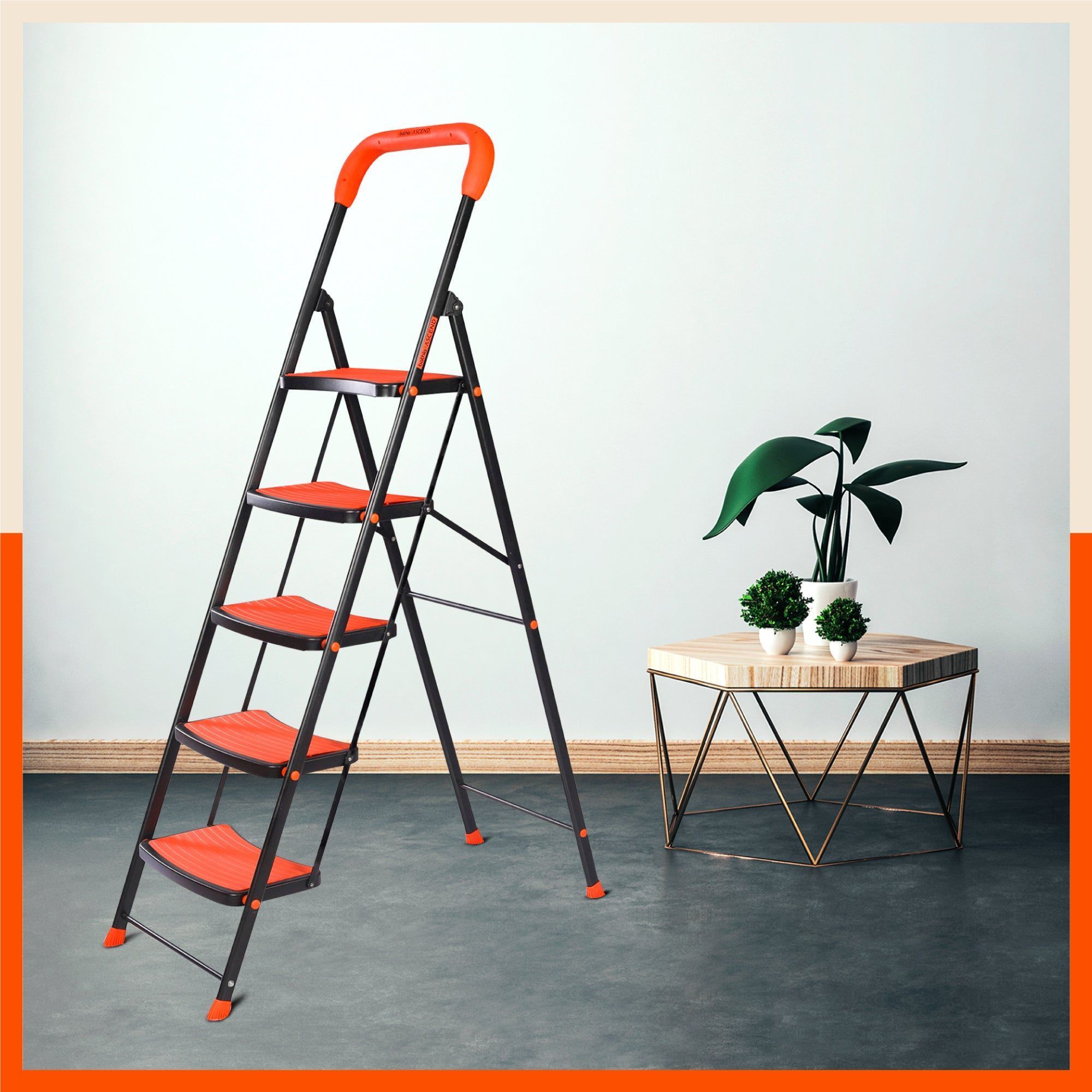Bathla Ascend 5 Step Heavy Duty Steel Ladder for Home - Orange & Black
