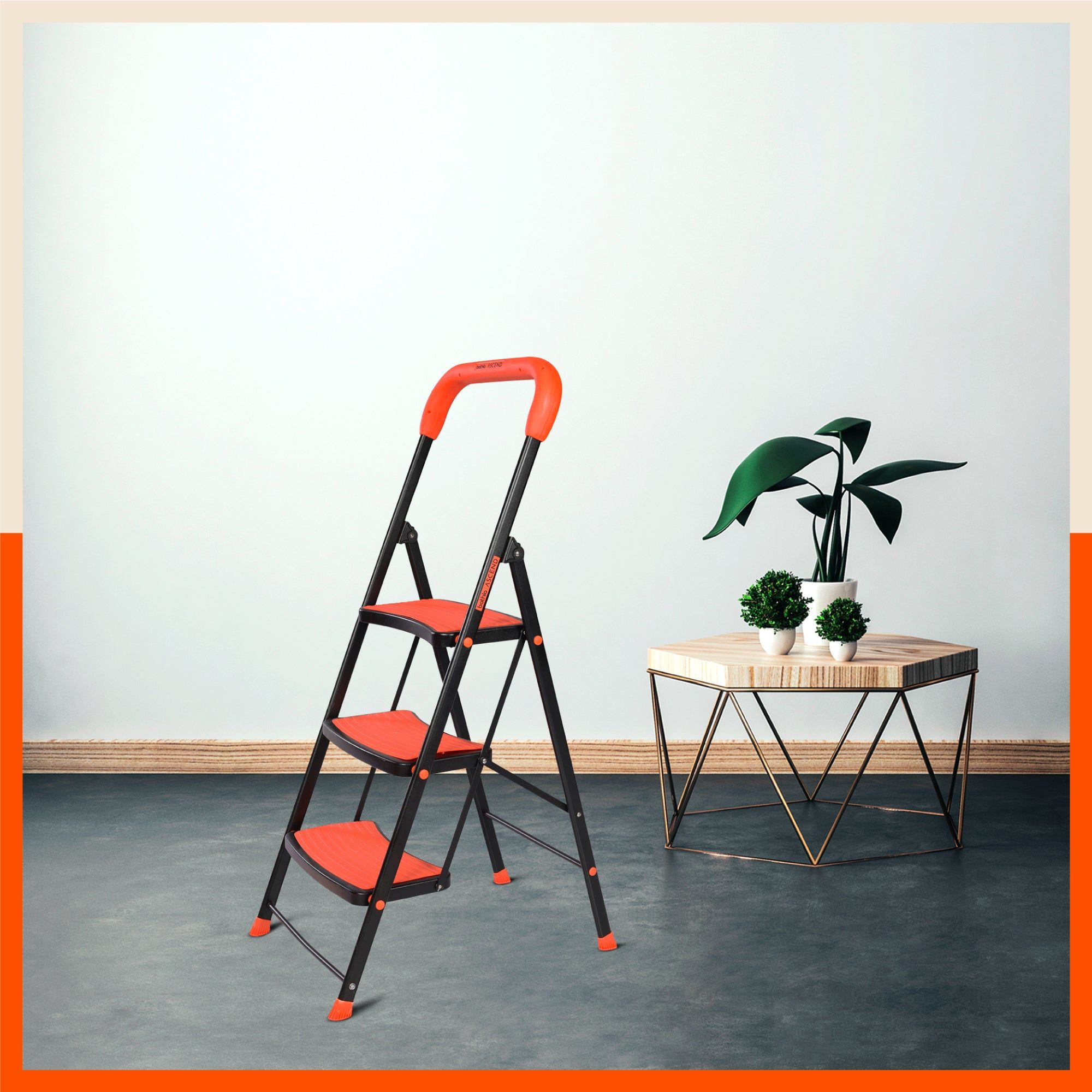Bathla Ascend 3 Step Heavy Duty Steel Ladder for Home - Orange & Black