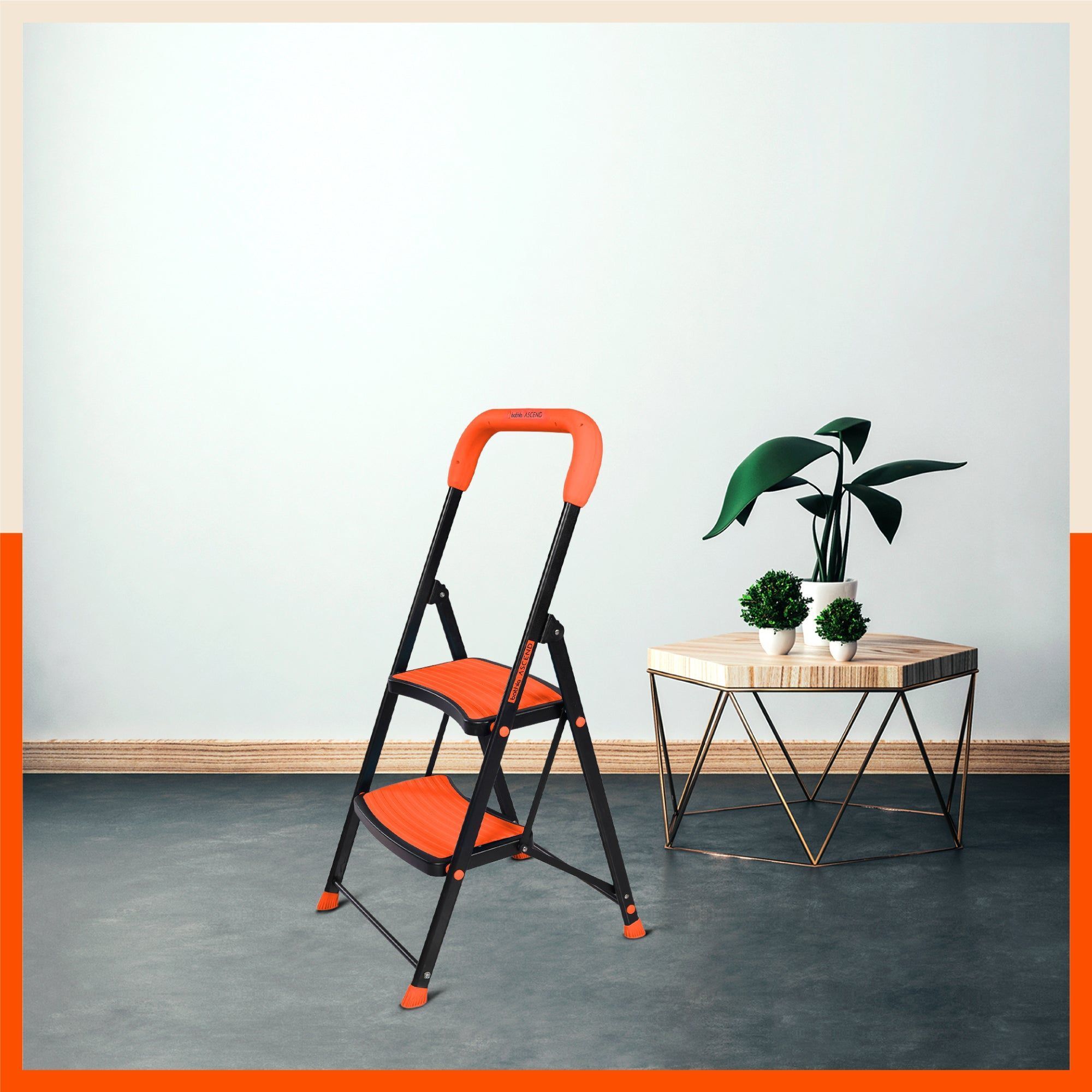 Bathla Ascend 2 Step Heavy Duty Steel Ladder for Home - Orange & Black